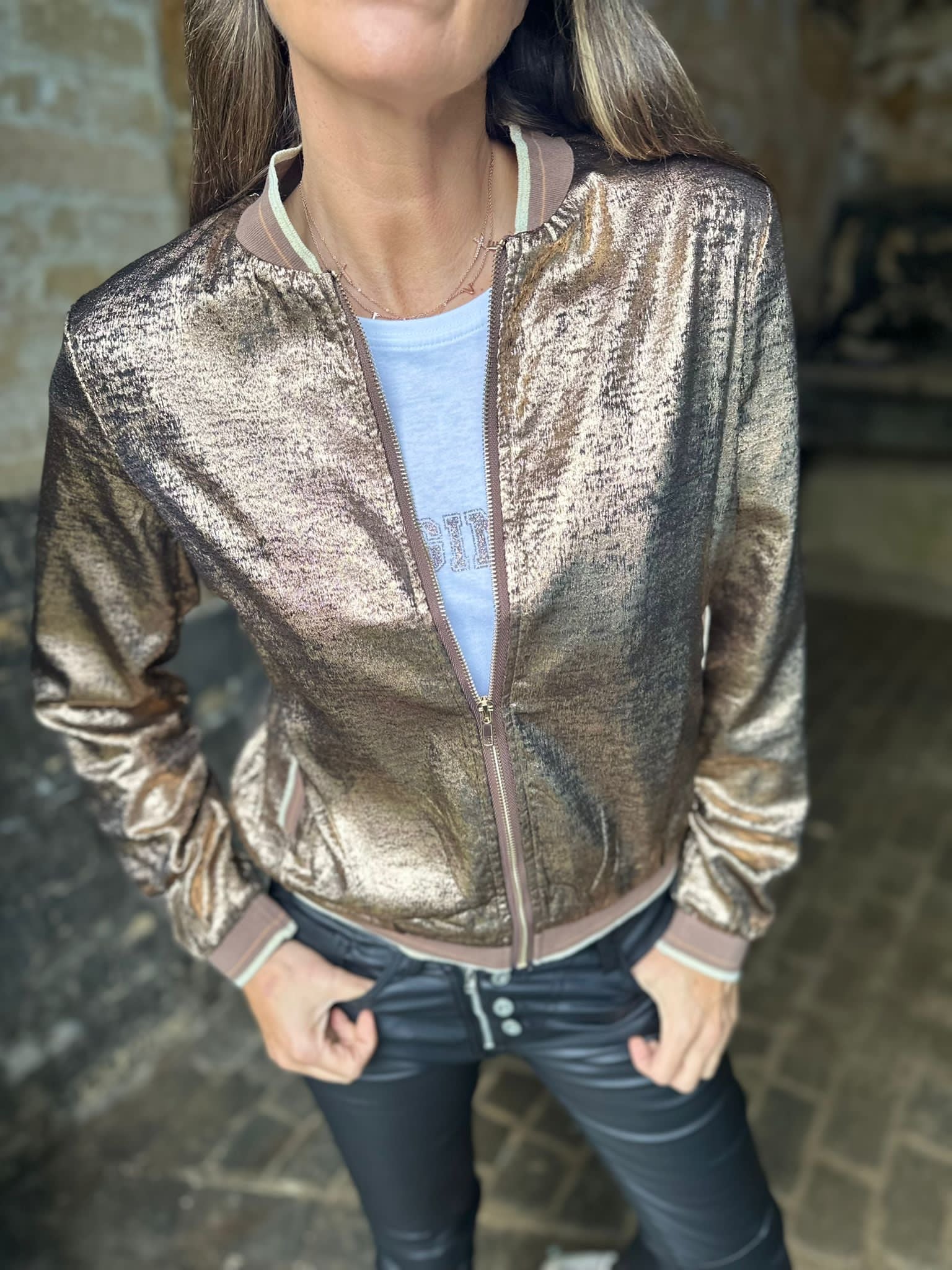 Metallic bomber sale jacket