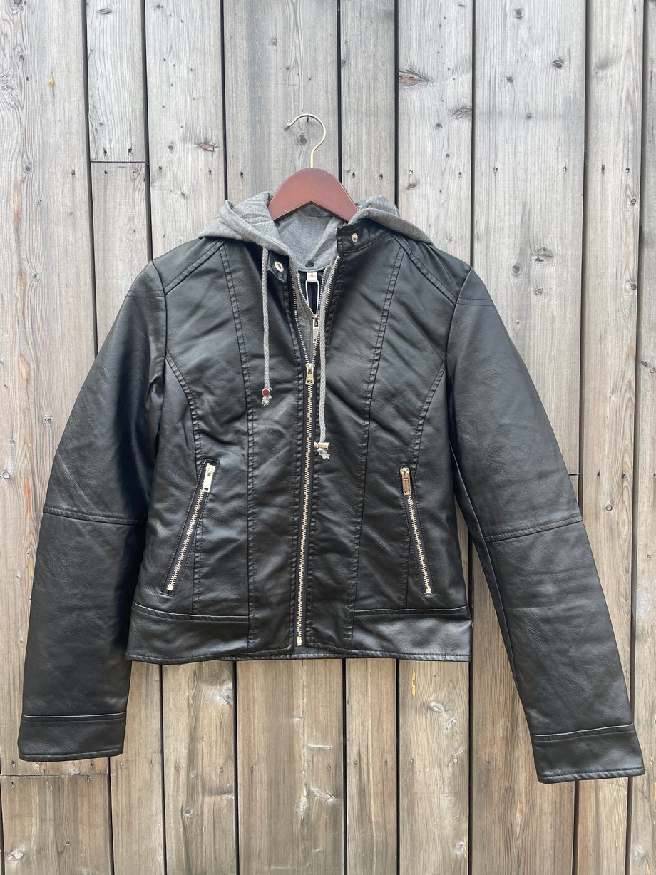 Pleather jacket with hood deals